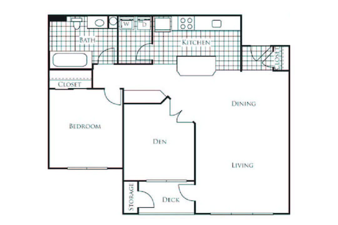 Floor plan for 1 bed, 1 bath, 935 sqft